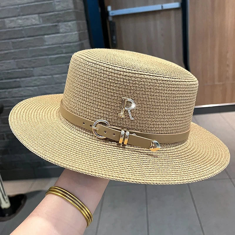 2024Summer Sun Hat Flat Top Straw Hats for Women New Metal R Letter Fashionable Beach Sun Hat Females Travel Holidays Boater Hat