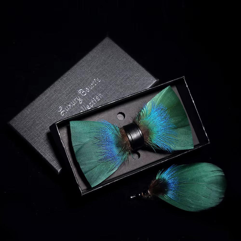 Original Solid Color Feather Bow Tie Brooch Set Man Wedding Gift Fashion Handmade Leather Bow Ties Pin Gift Box Set