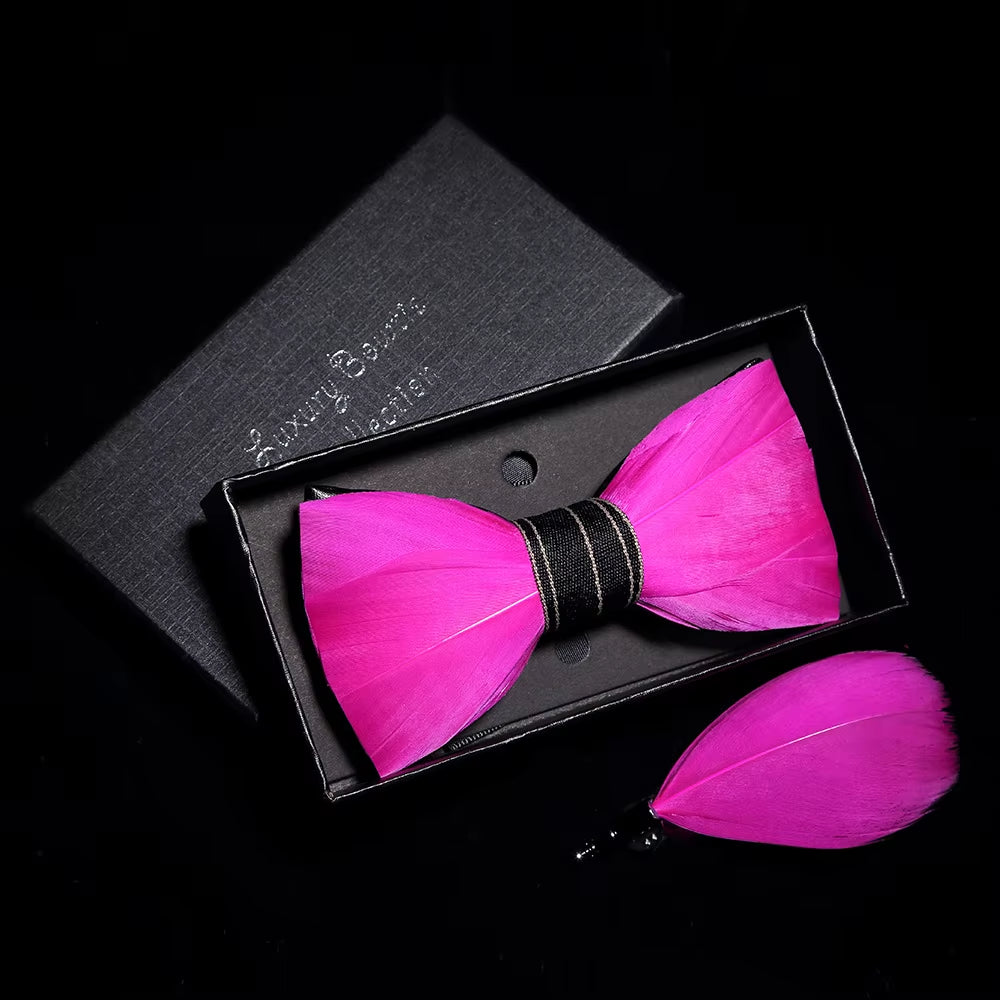 Original Solid Color Feather Bow Tie Brooch Set Man Wedding Gift Fashion Handmade Leather Bow Ties Pin Gift Box Set